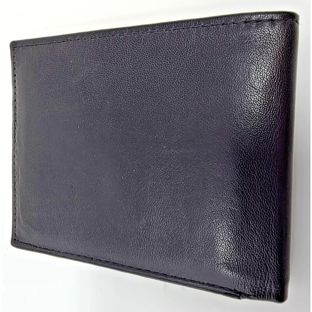 Men's Black Top Grain Leather Bifold Wallet ID Window Credit Card Holder NEW - Picture 2 of 9
